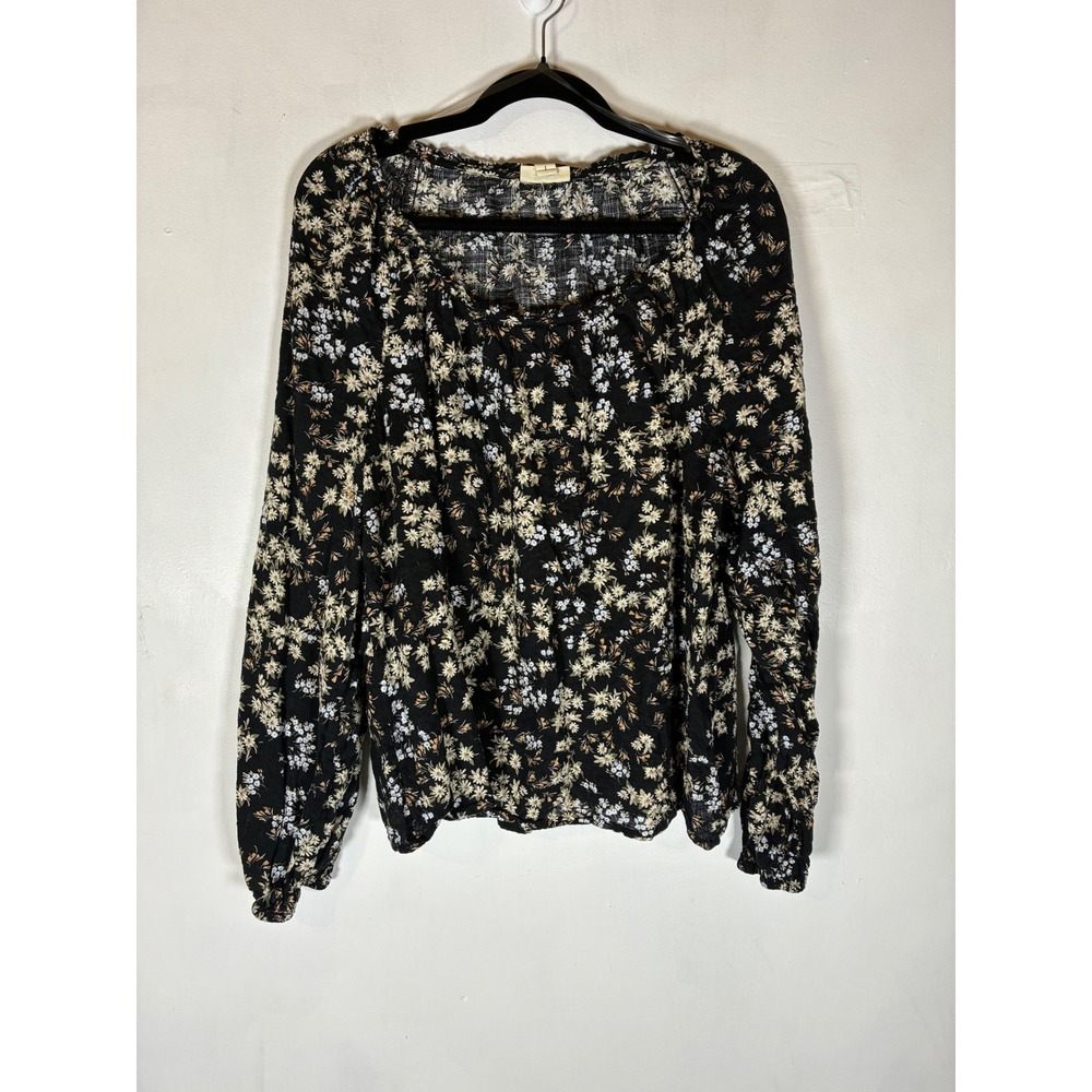 Black Ditsy Floral Boho Cottagecore Peasant Scoop Neck Long Sleeve Blouse L